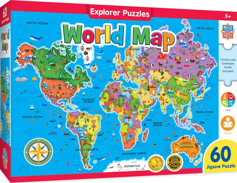 MasterPieces 60 Piece Educational Jigsaw Puzzle for Kids - World Map - 16.5"x12.75" - Image 1